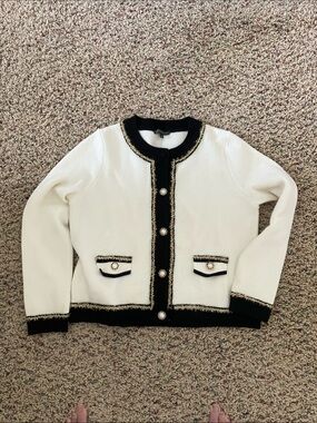 Adrianna Papell White and Black Trim Tweed-Style Cardigan